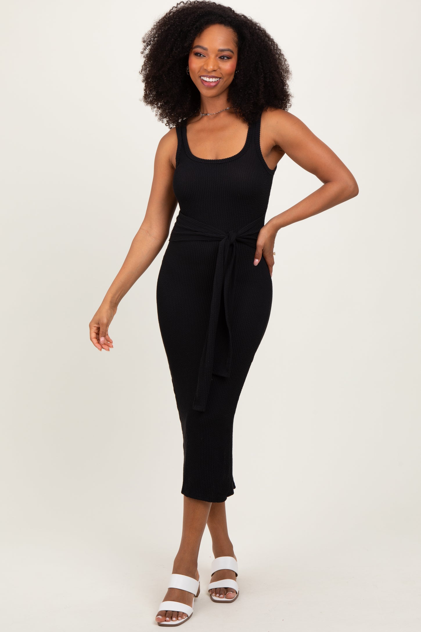 Black Ribbed Front Tie Sleeveless Midi Dress
