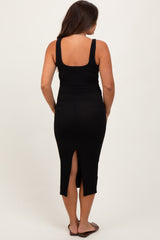 Black Ribbed Front Tie Sleeveless Maternity Midi Dress