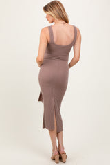 Mocha Ribbed Front Tie Sleeveless Maternity Midi Dress