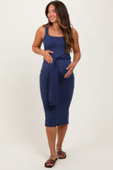Navy Ribbed Front Tie Sleeveless Maternity Midi Dress