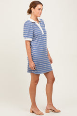 Blue Striped Ribbed Texture Polo Dress