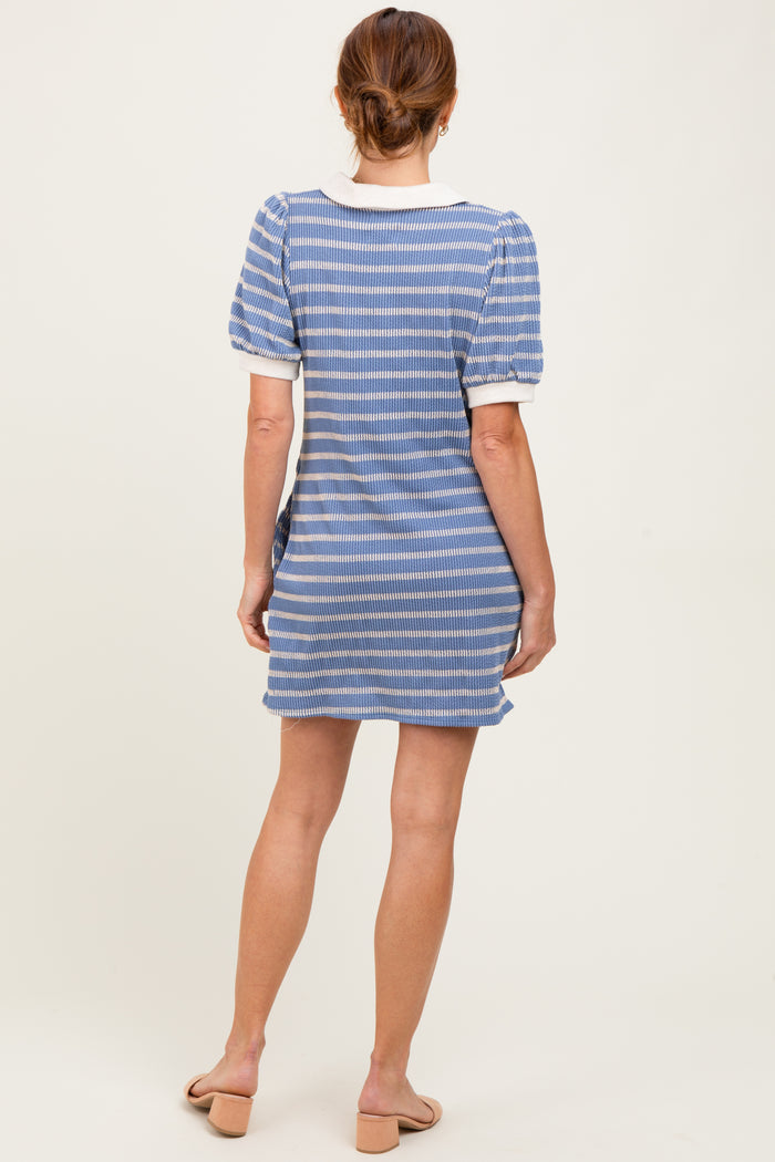 Blue Striped Ribbed Texture Polo Dress