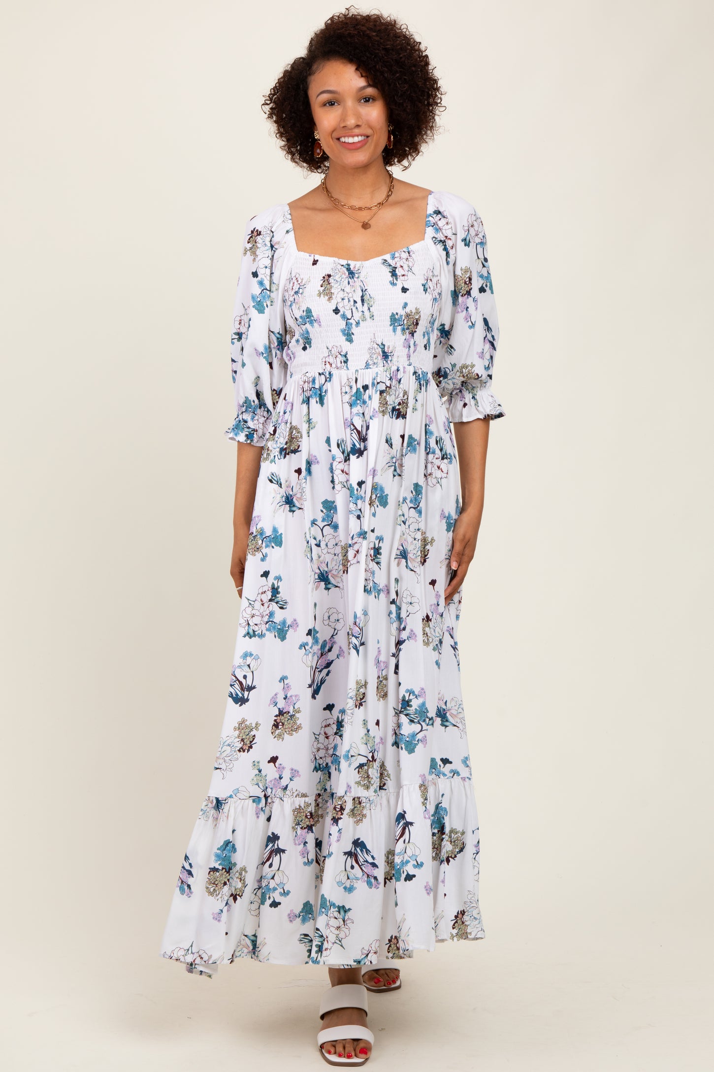 White Floral Sweetheart Puff Sleeve Maternity Maxi Dress