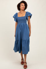 Blue Chambray Smocked Flutter Sleeve Dress