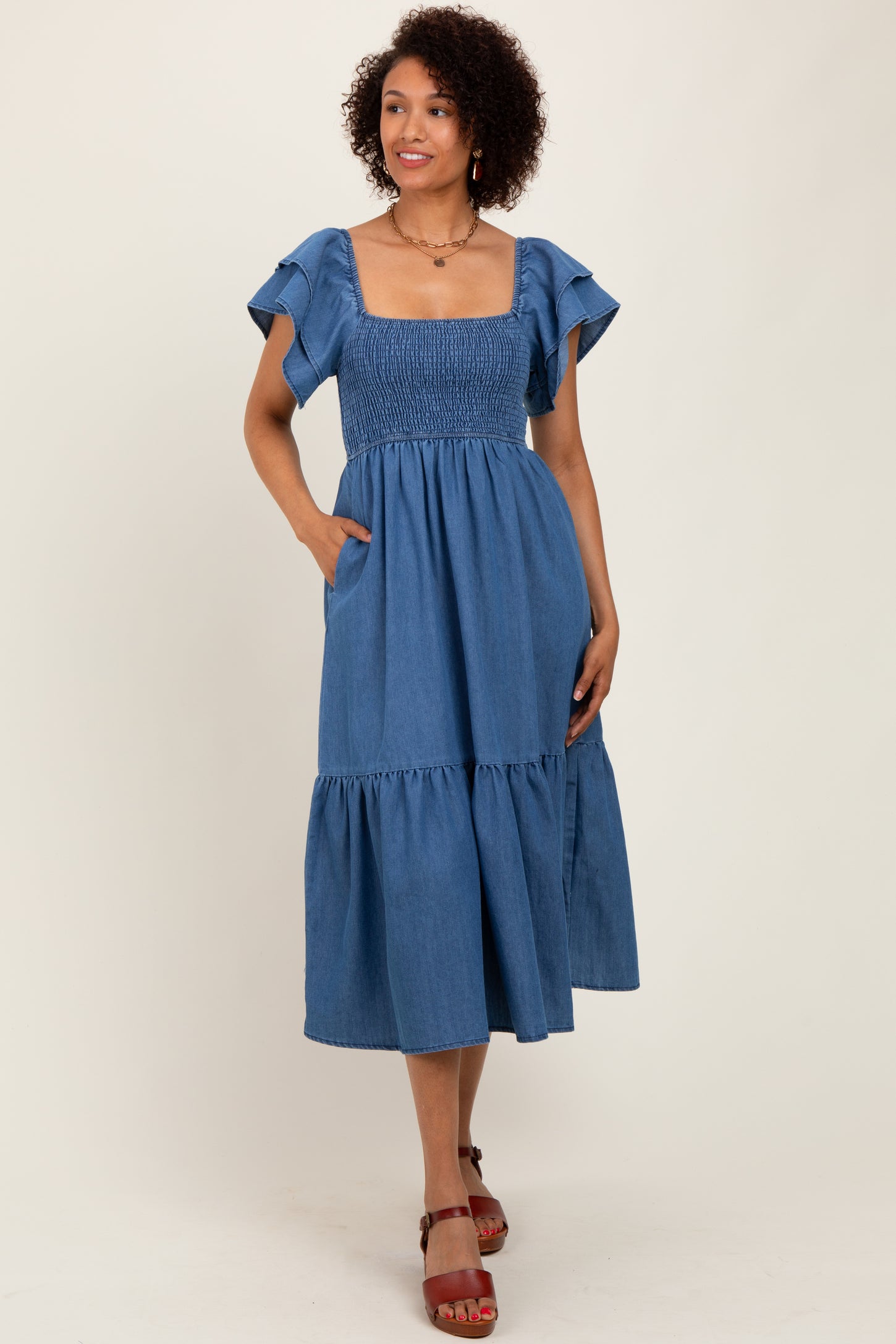 Blue Chambray Smocked Flutter Sleeve Dress