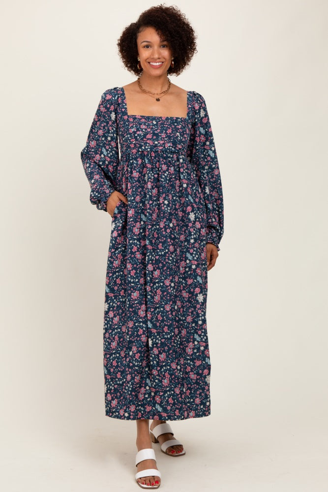 Navy Blue Floral Pleated Bust Long Sleeve Maxi Dress