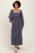 Navy Blue Floral Pleated Bust Long Sleeve Maxi Dress