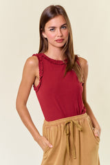 Burgundy Rib Knit Ruffle Trim Sleeveless Maternity Top