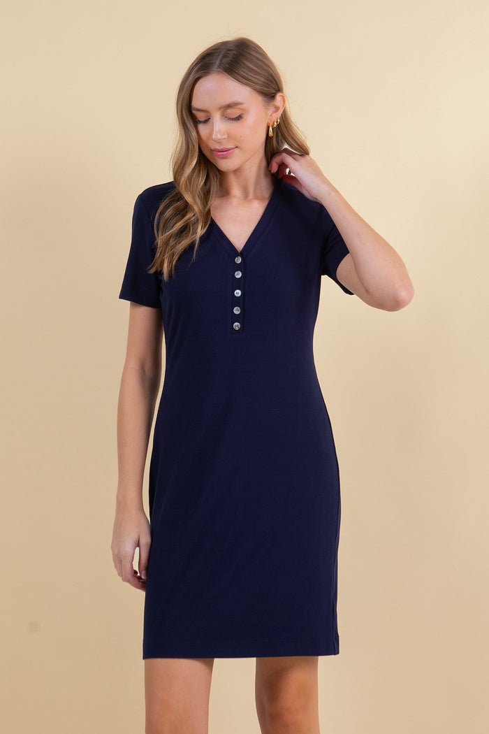 Navy Ribbed Short Sleeve Henley Dress