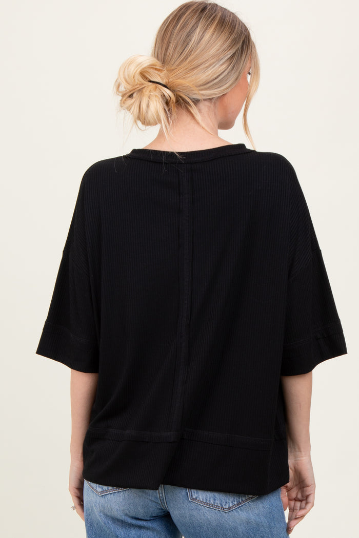 Black Ribbed Boxy Fit Short Sleeve Top