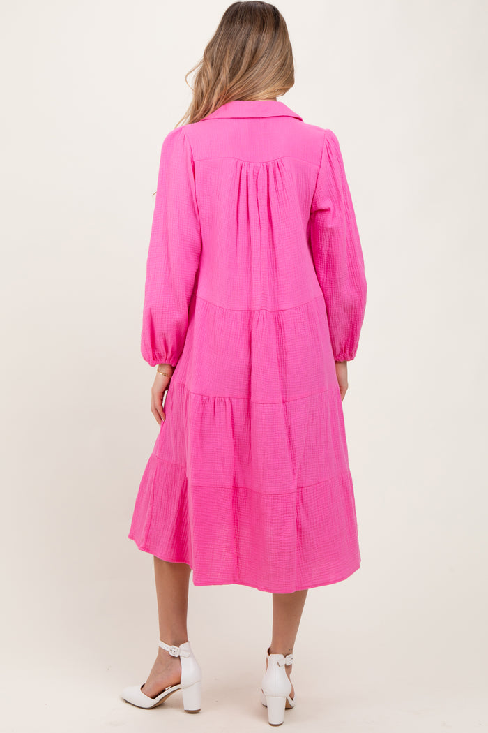 Fuchsia Light Weight Collared Tiered Maternity Midi Dress