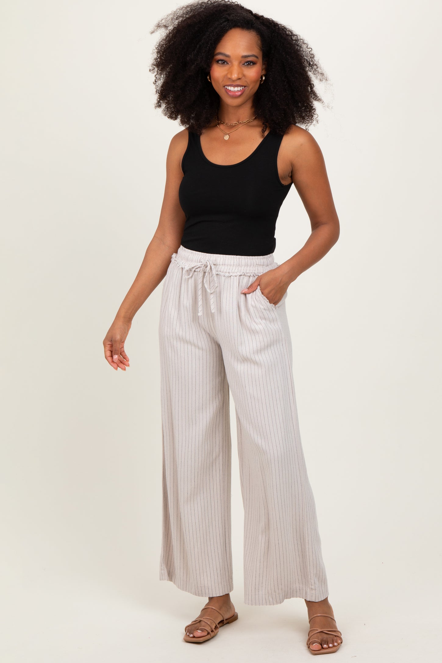 Cream Striped Drawstring Linen Blend Wide Leg Pants