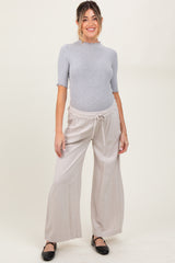 Cream Striped Drawstring Linen Blend Maternity Wide Leg Pants
