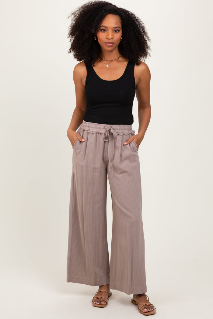 Mocha Striped Drawstring Linen Blend Wide Leg Pants