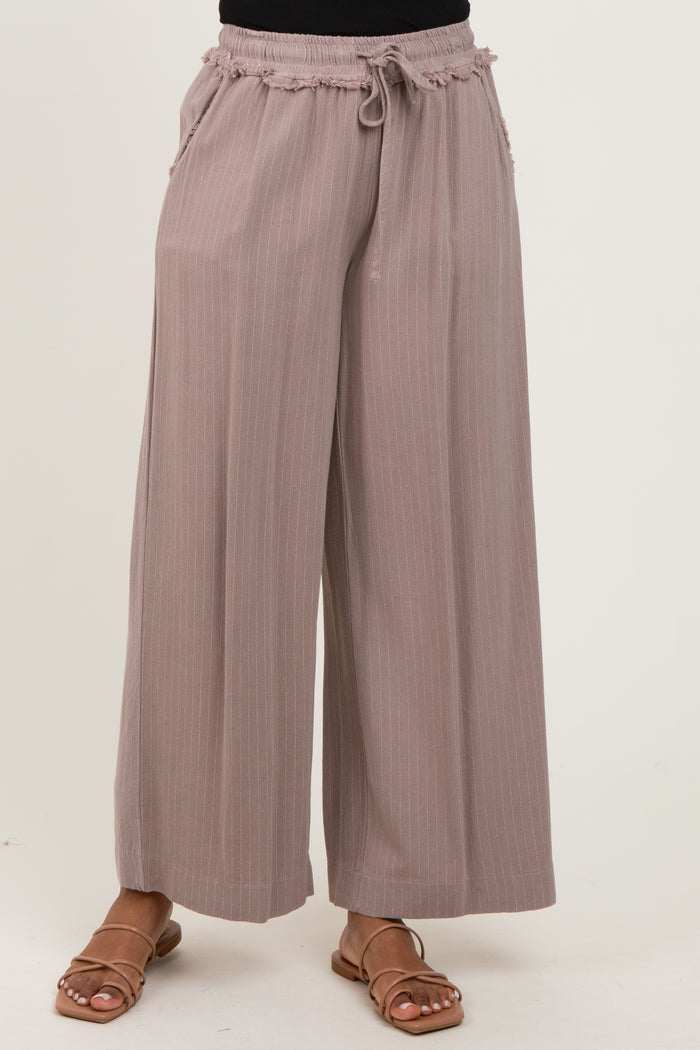 Mocha Striped Drawstring Linen Blend Wide Leg Pants