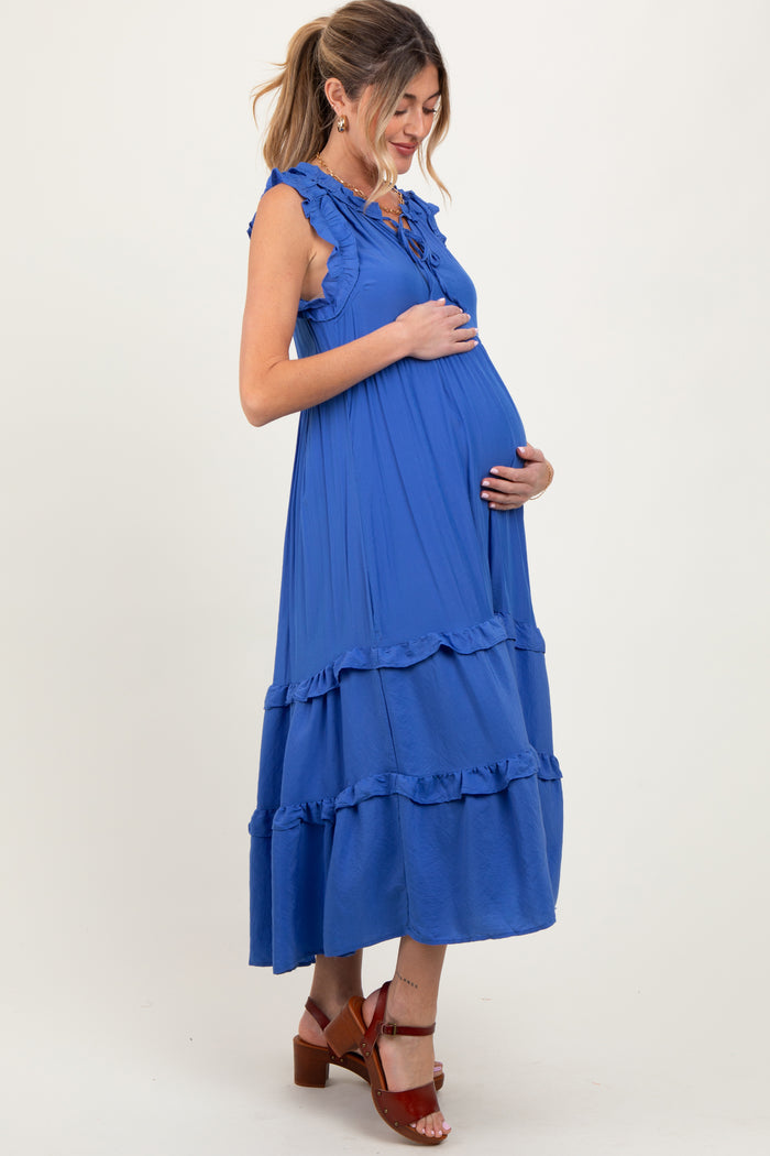 Blue Ruffle Accent Tiered Front Tie Maternity Midi Dress