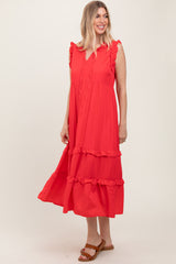 Red Ruffle Accent Tiered Front Tie Midi Dress