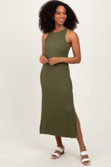 Olive Sleeveless Side Slit Maternity Midi Dress