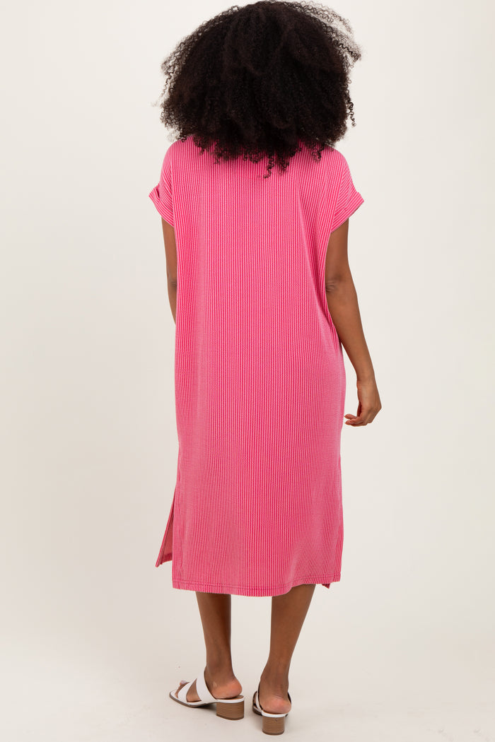 Pink Ribbed Short Sleeve Front Pocket Midi Dress