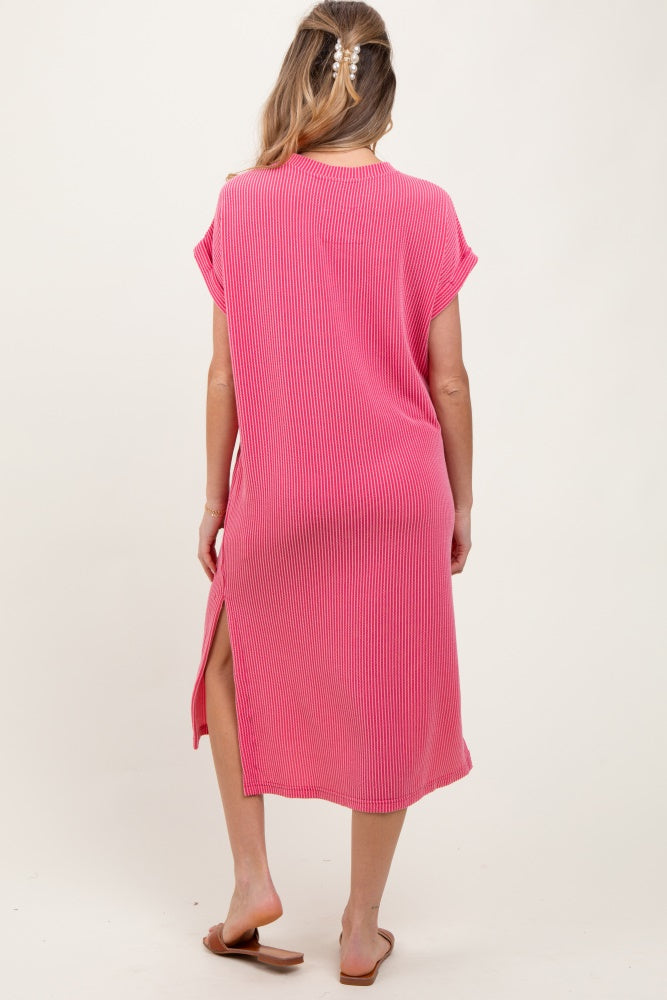 Pink Ribbed Short Sleeve Front Pocket Maternity Midi Dress