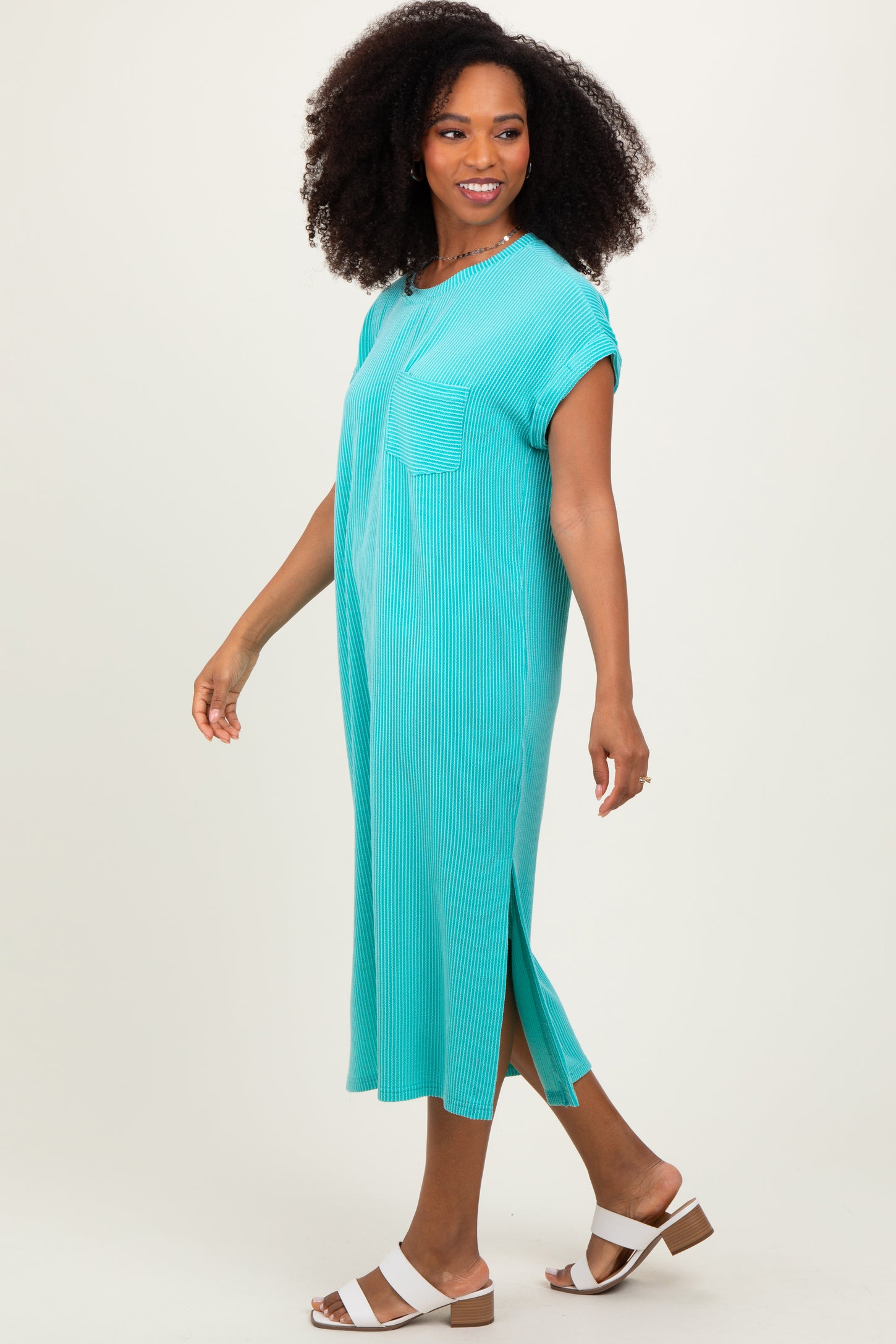 Mint Ribbed Short Sleeve Front Pocket Midi Dress
