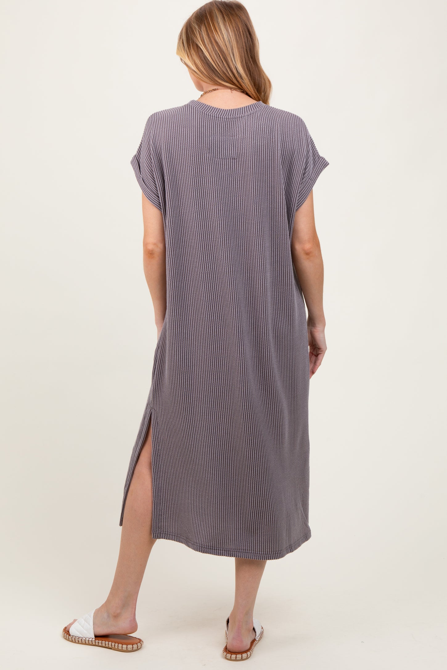 Grey Ribbed Short Sleeve Front Pocket Maternity Midi Dress