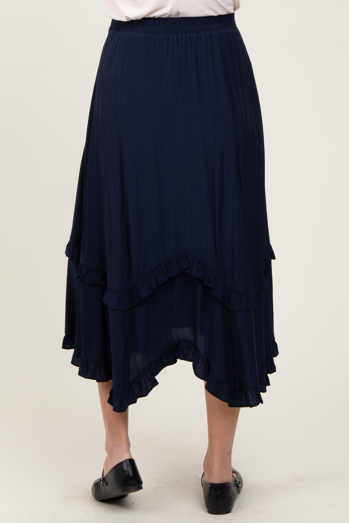 Navy Ruffle Tiered Maternity Midi Skirt