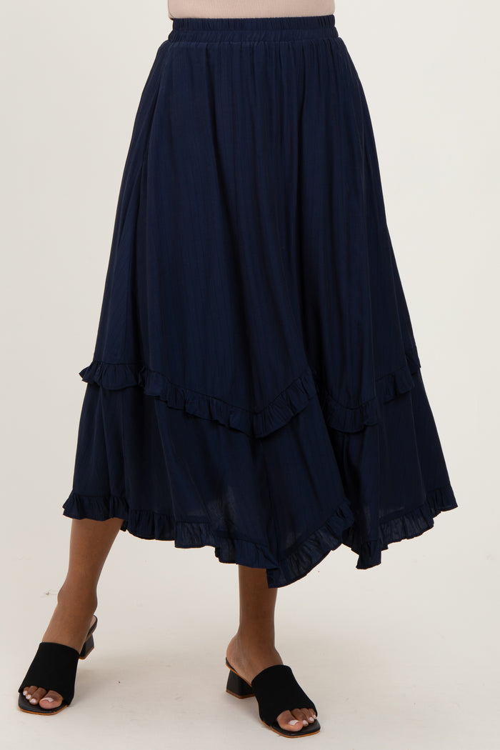 Navy Ruffle Tiered Midi Skirt