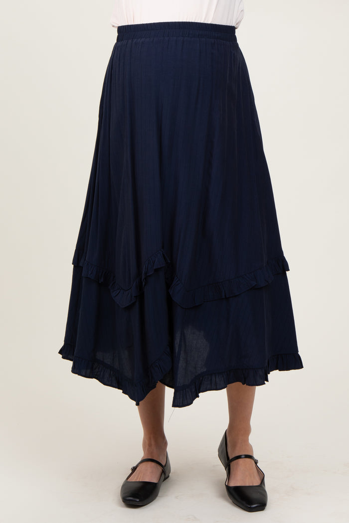 Navy Ruffle Tiered Maternity Midi Skirt