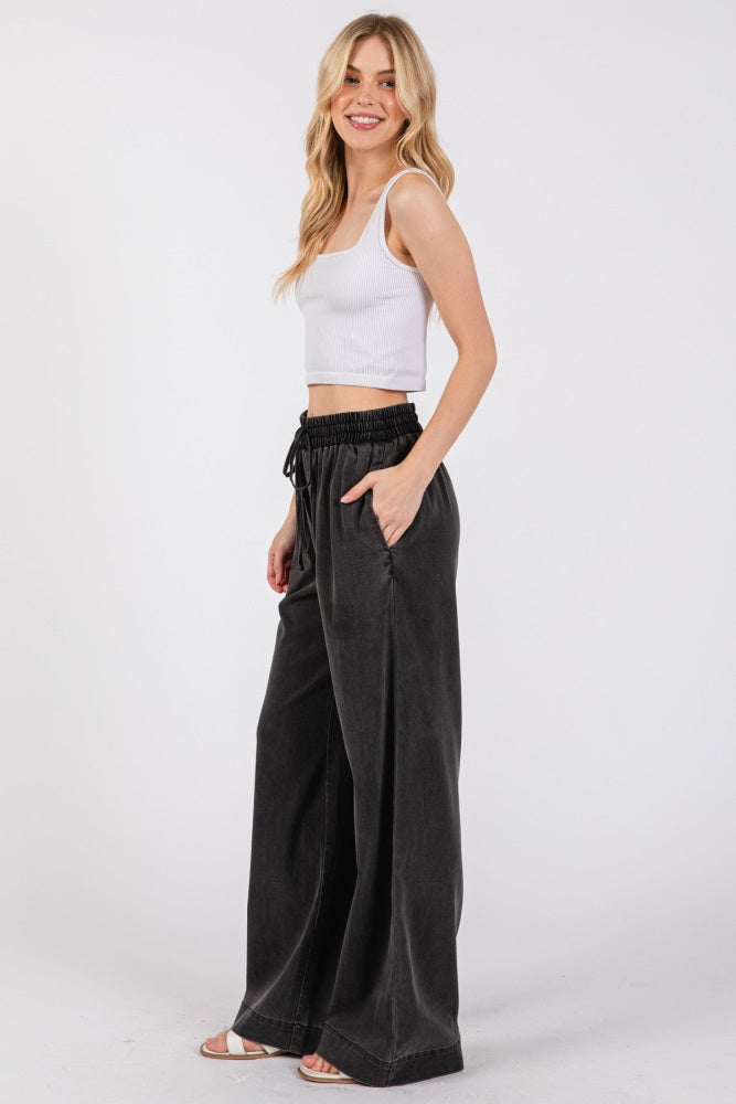 Black Vintage Wash Chambray Wide Leg Pants