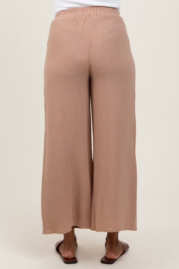 Light Taupe Cotton Gauze Wide Leg Maternity Pants