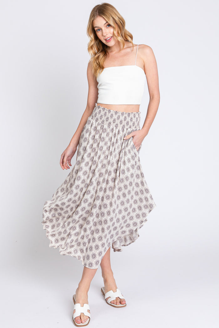 Grey Damask Print Smocked Waistband Maternity Midi Skirt