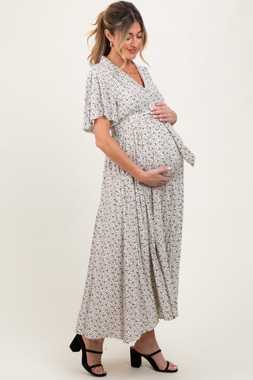 Cream Flutter Sleeve Button Down Maternity Maxi Dress