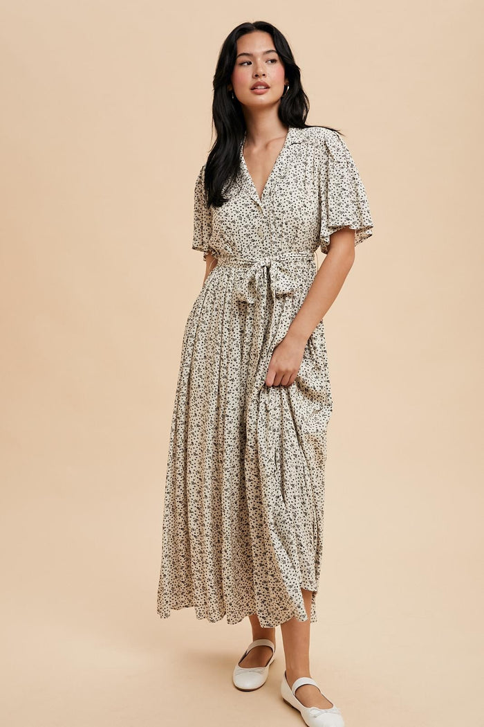 Cream Flutter Sleeve Button Down Maxi Dress