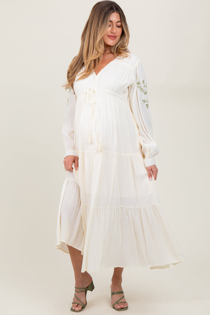 Cream Embroidered Long Sleeve Maternity Maxi Dress