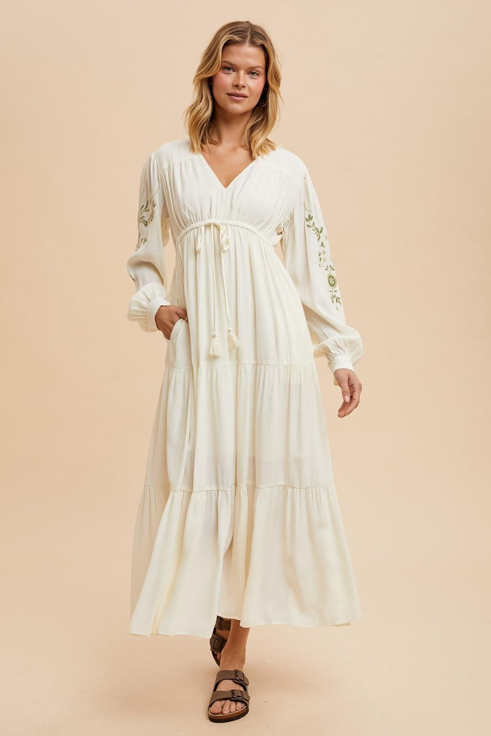 Cream Embroidered Long Sleeve Maternity Maxi Dress