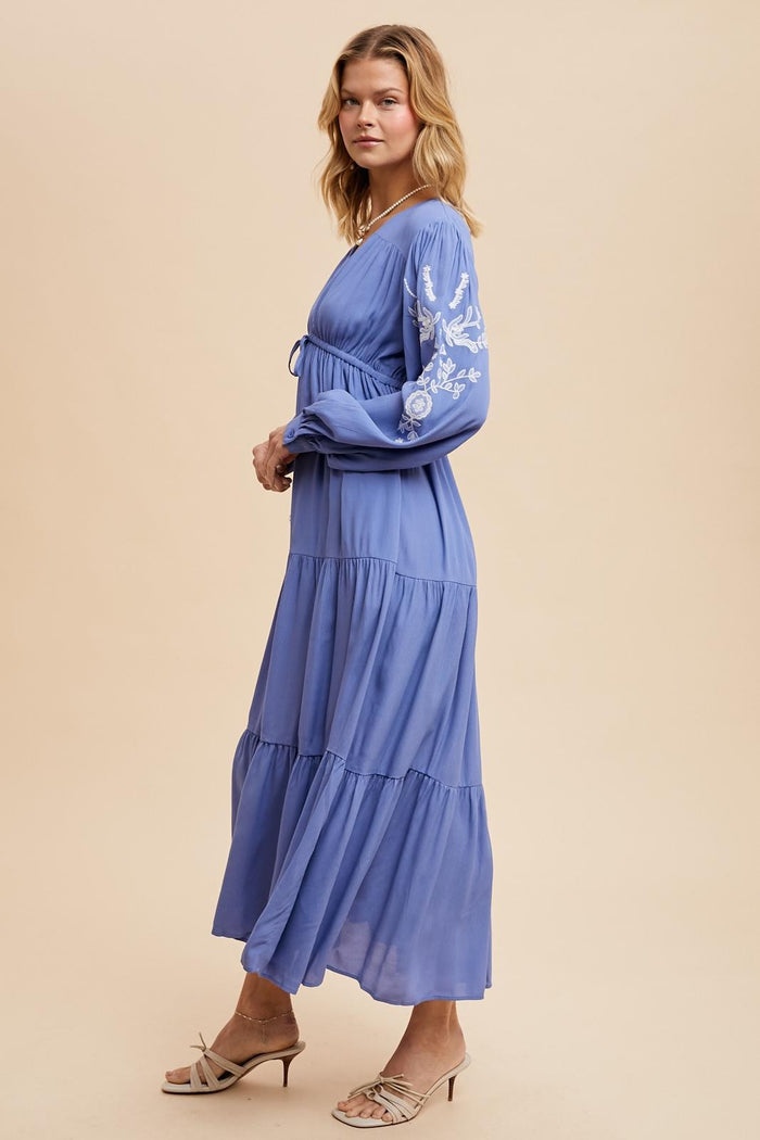 Blue Embroidered Long Sleeve Maxi Dress