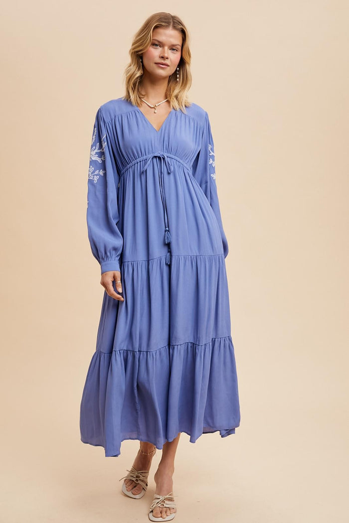 Blue Embroidered Long Sleeve Maxi Dress