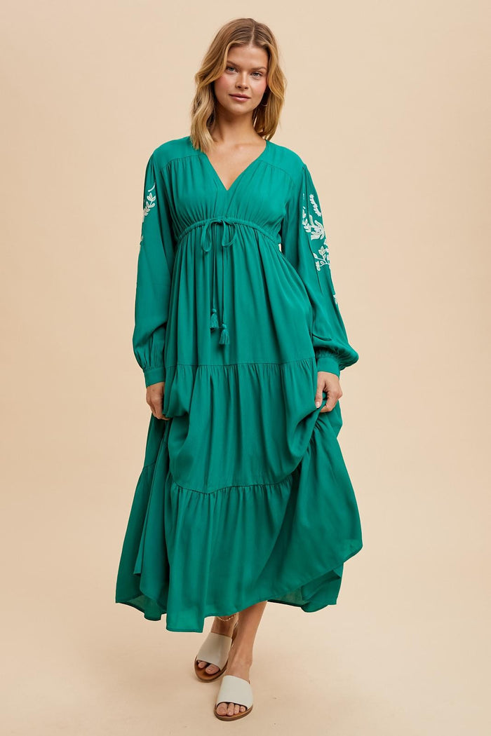 Jade Embroidered Long Sleeve Maxi Dress