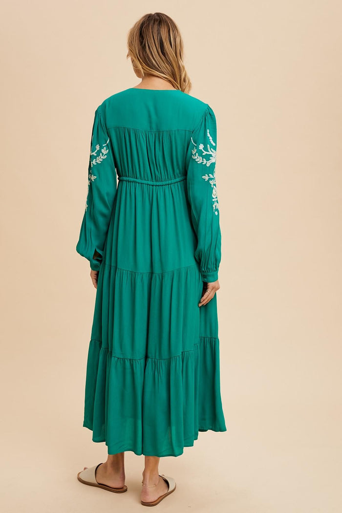Jade Embroidered Long Sleeve Maxi Dress