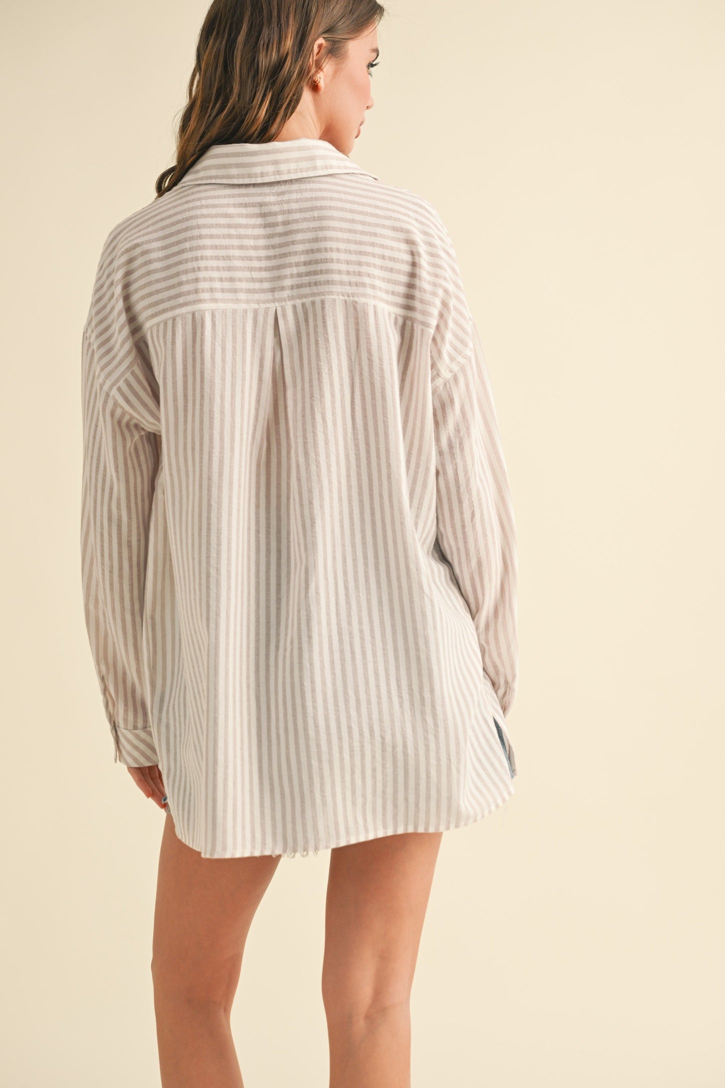 Beige Striped Double Pocket Button Down Top