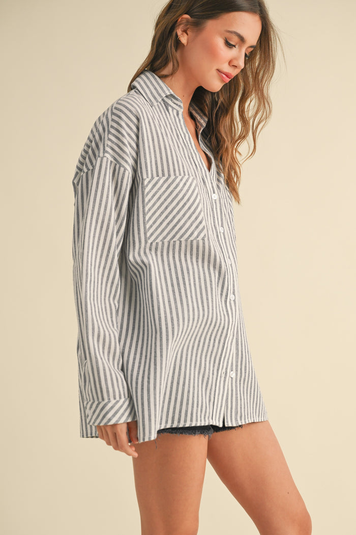 Navy Striped Double Pocket Button Down Top