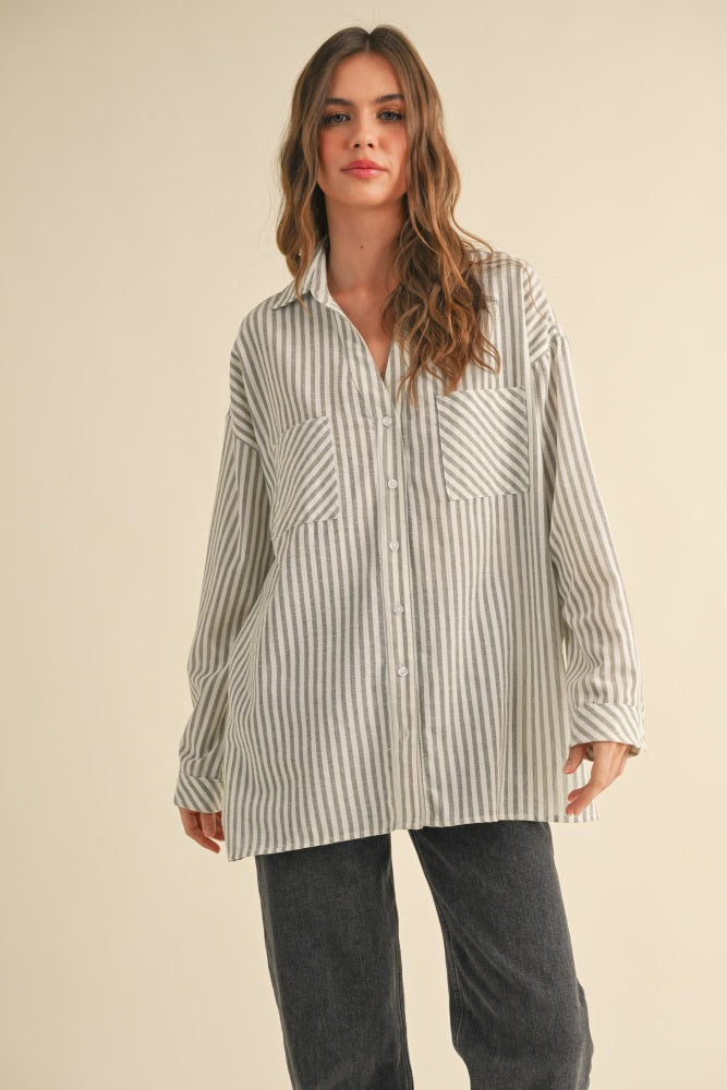 Olive Striped Double Pocket Maternity Button Down Top
