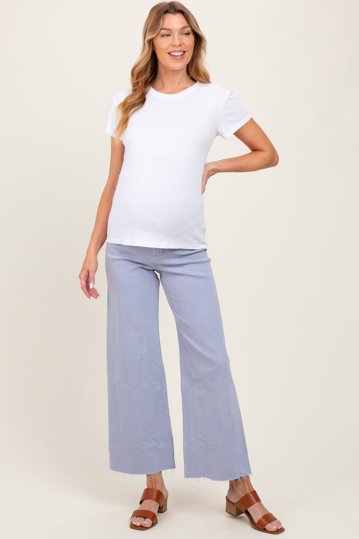 Periwinkle Blue Cropped Raw Hem Wide Leg Maternity Jeans