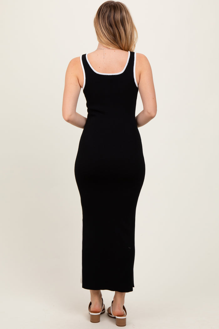Black Colorblock Trim Knit Side Slit Midi Dress