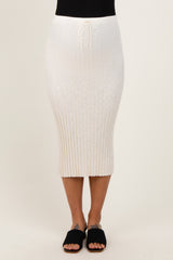 Cream Ribbed Knit Drawstring Maternity Midi Skirt