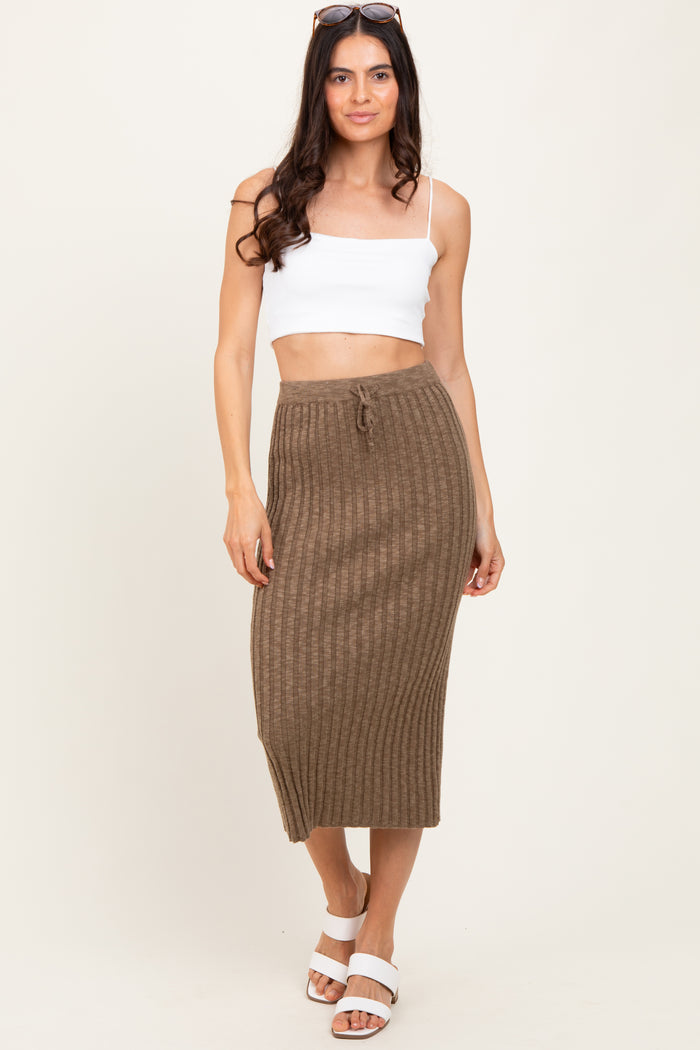 Mocha Ribbed Knit Drawstring Midi Skirt