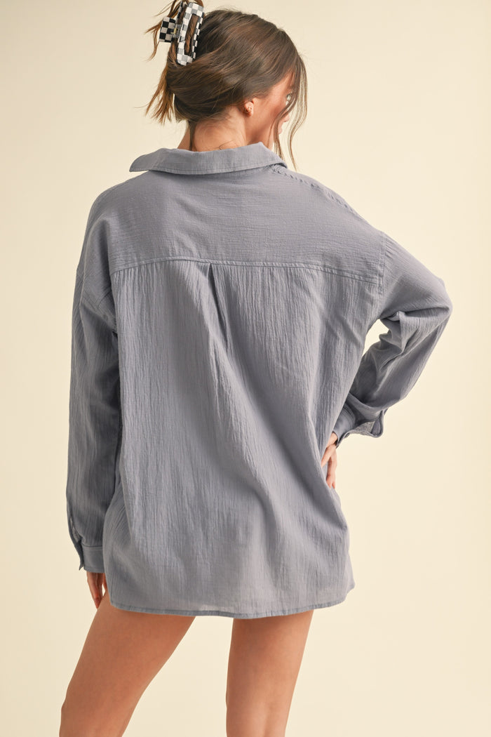 Blue Cotton Gauze Oversized Button Down Shirt