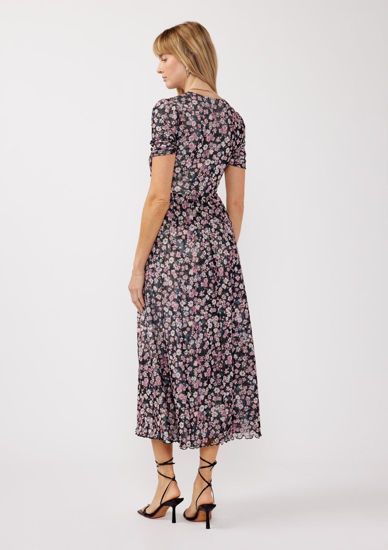 Black Floral Reversible Front Cinched Midi Dress