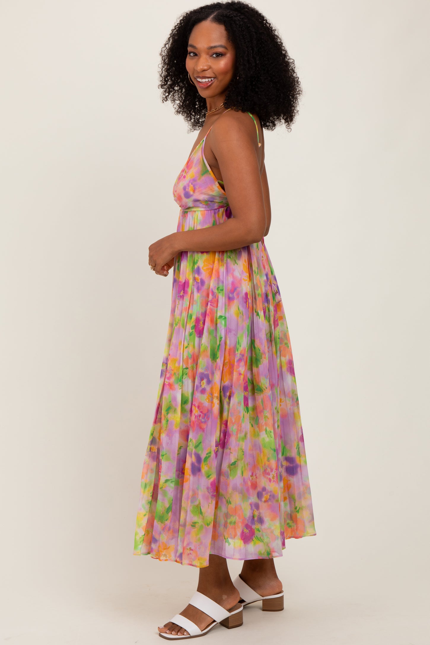 Lilac Floral Pleated Open Back Maxi Dress